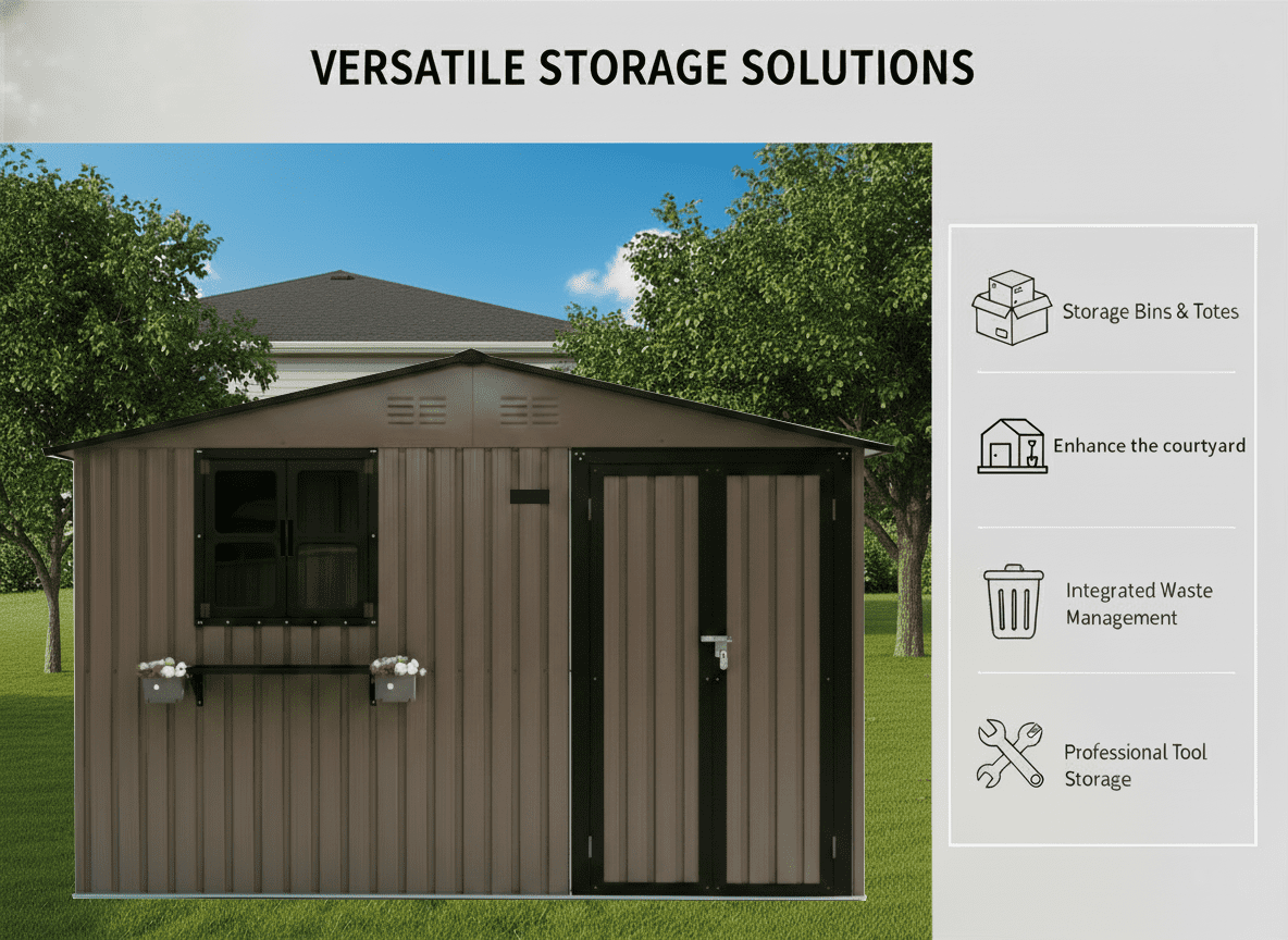 Mintazer 10×8ft Metal Outdoor Storage Shed with Lockable Door & Window, Weatherproof Garden Tool Shed with Flower Baskets, Brown