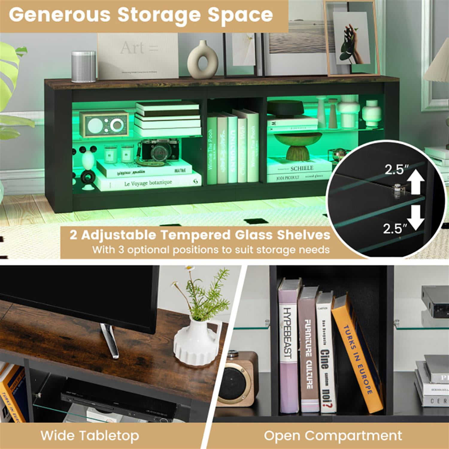 Demi Bonn TV Stand for 65" TVs, Entertainment Center with LED Light and Adjustable Shelves, Modern Media TV Console Table for Living Room Bedroom, Brown