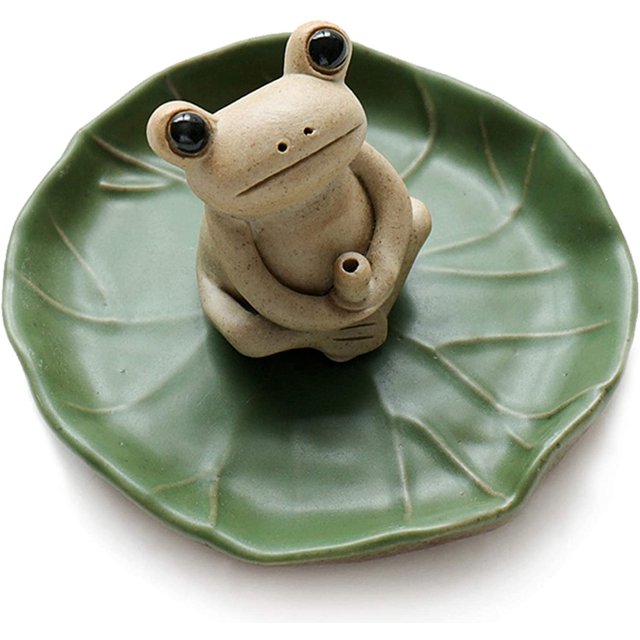 Soporte de quemador de incienso de varilla de cerámica 100% hecho a mano, incienso de rana pequeña, bandeja de hoja de loto, Mini estatua de Animal lindo quemador de incienso para el hogar Fokelyi WRMH-1284