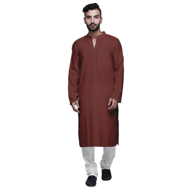Atasi Kurta à Manches Longues pour Hommes en Coton Satin Uni Col Mandarin Chemise Décontractée