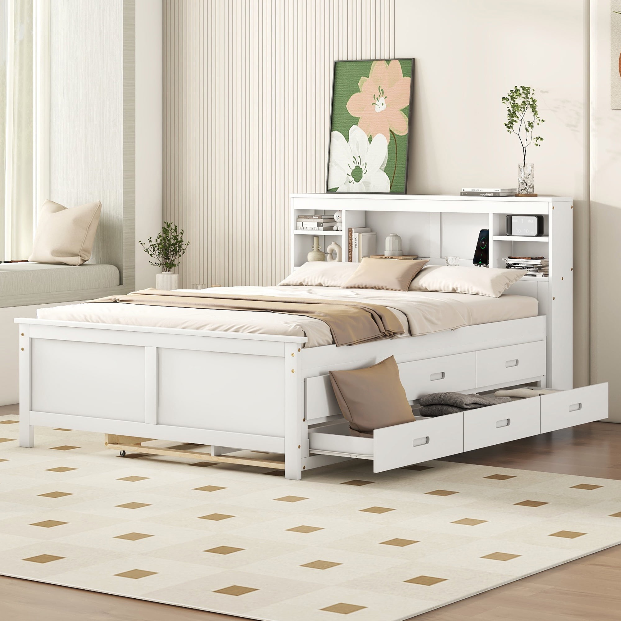 Euroco Modern Wood Full Size Platform Bed with Trundle and Drawers, USB Charging and Shelves for Kids Teens, White