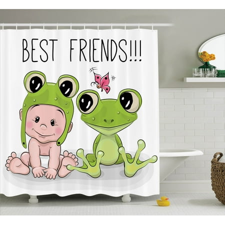 Animal Decor Shower Curtain Set, Cute Cartoon Baby In Froggy Hat And Frog Best Friends Love Theme Graphic Print, Bathroom Accessories, 69W X 70L Inches, By