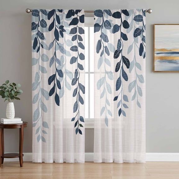 Navy Blue Ombre Botanical Semi Sheer Window Curtains 108 Inches Long, Watercolor Pastoral Leaf Rustic Rod Pocket Voile Silky Chiffon Curtain Light Filtering Drapes for Living Room, 52"x108", 2 Panels