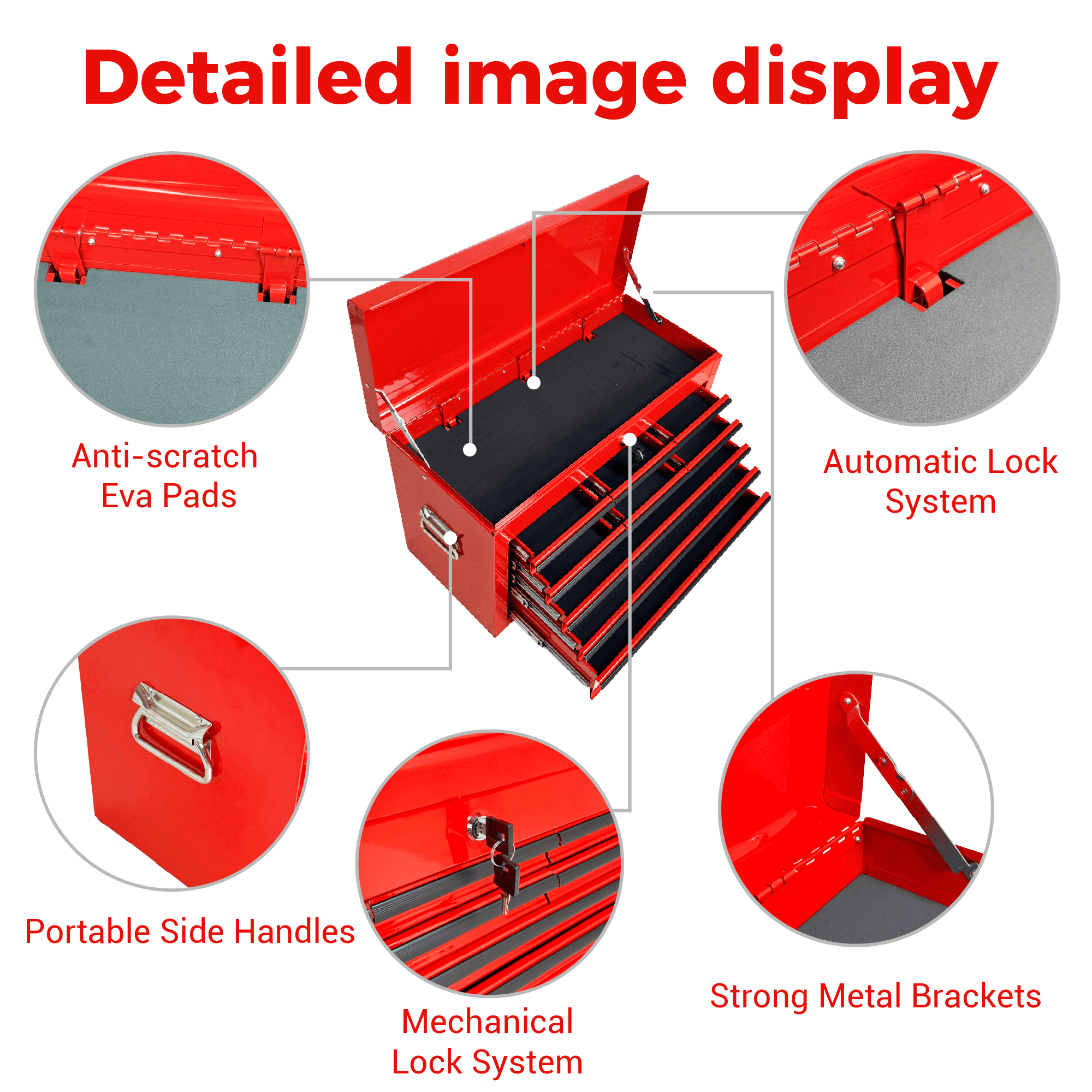Heavy Duty Metal Tool Box,24 Inch Portable Tool Chest with 9 Drawers, Ball Bearing Slide Drawers with Auto-Locking System, Lockable Top Box Tool Organizer for Garage, Workshop, Truck,Red