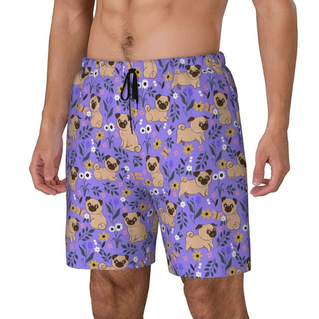 Lukts Pugs and Flowers Print Mens Swim Trunks Swim Shorts Quick Dry Bathing Suits for Men Beach Shorts Mesh Lining Swimming Trunks ,Bathing Suit-Small