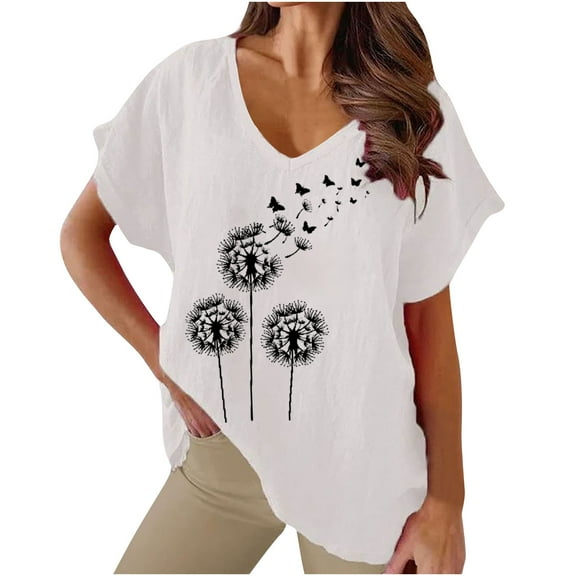 cfhntfmh Summer Tops for Women Short Sleeve V Neck Cotton Linen T Shirts Printed Casual Loose Blouses Fashion Outfits