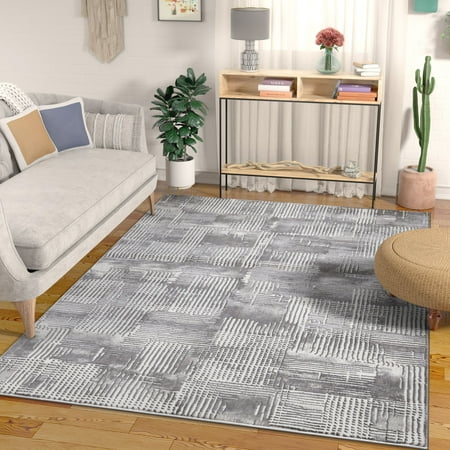 - Canny Grey Modern Geometric High-Low Pile Area Rug 5x7 (5'3
