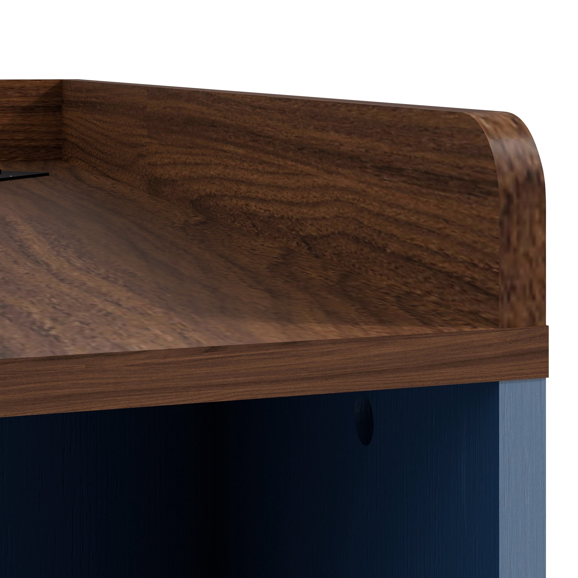 Corner Storage Shelf Cabinet with USB Ports and Outlets, 6-Cubby Wooden Bookshelf and Display Organizer for Small Spaces and Study, Blue and Brown