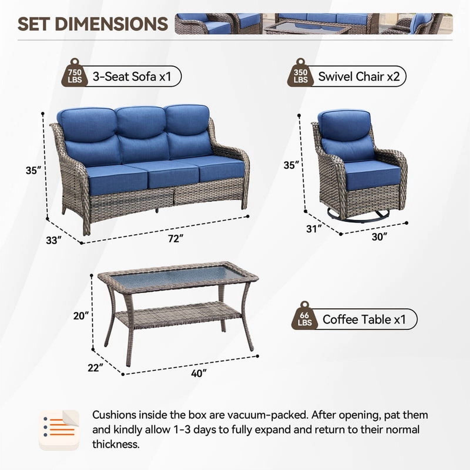 PARKWELL 4 Piece Outdoor Patio Furniture Set,All-Weather High Back Conversation Set with Luxury 6-Inch Thick Cushions,Swivel Glider Chair,5-Seat Furniture Sets for Garden, Deck, Backyard,Gray/Navy