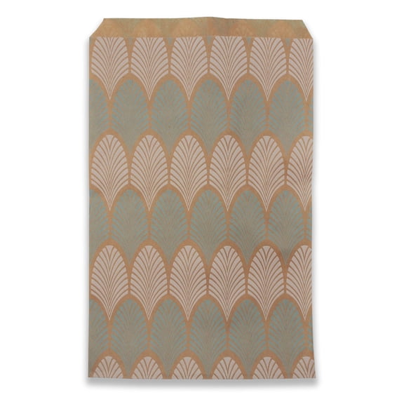 100 Qty 6" x 9" Decorative Flat Paper Gift Bags - Baby-Blue Leaf Pattern on Brown Kraft Bags - For Sales/Treats/Parties Cookies/Gifts - N'icePackaging
