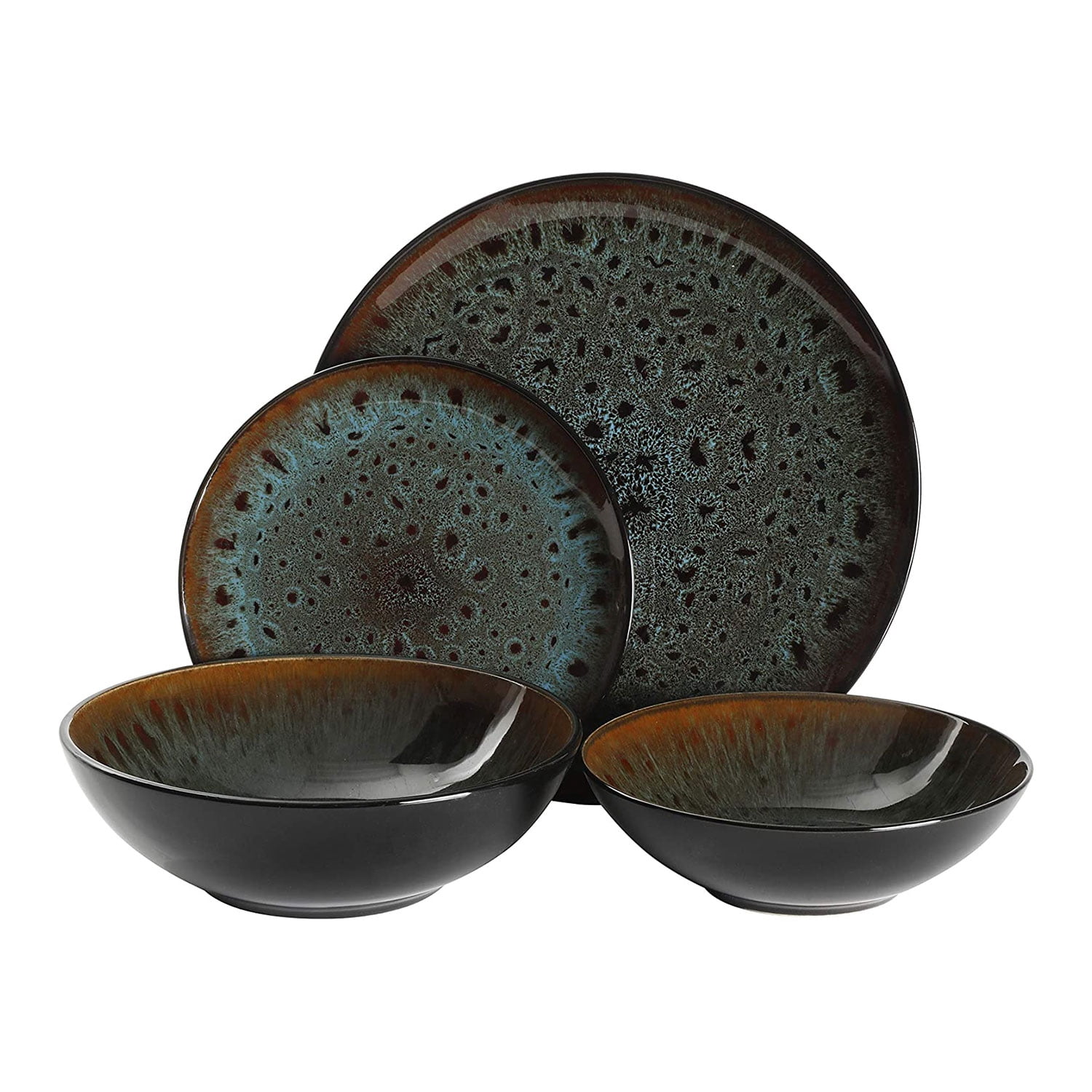Gibson Elite Kyoto 16 Piece Double Bowl & Plate Dinnerware Set, Teal
