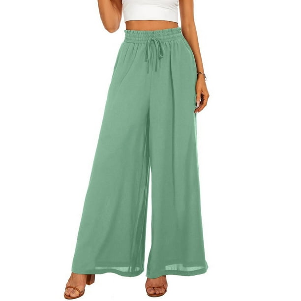 Pantalones de verano de pierna ancha para mujer, cinturón elástico, pantalones de falda larga de cintura alta y pierna ancha para mujer
