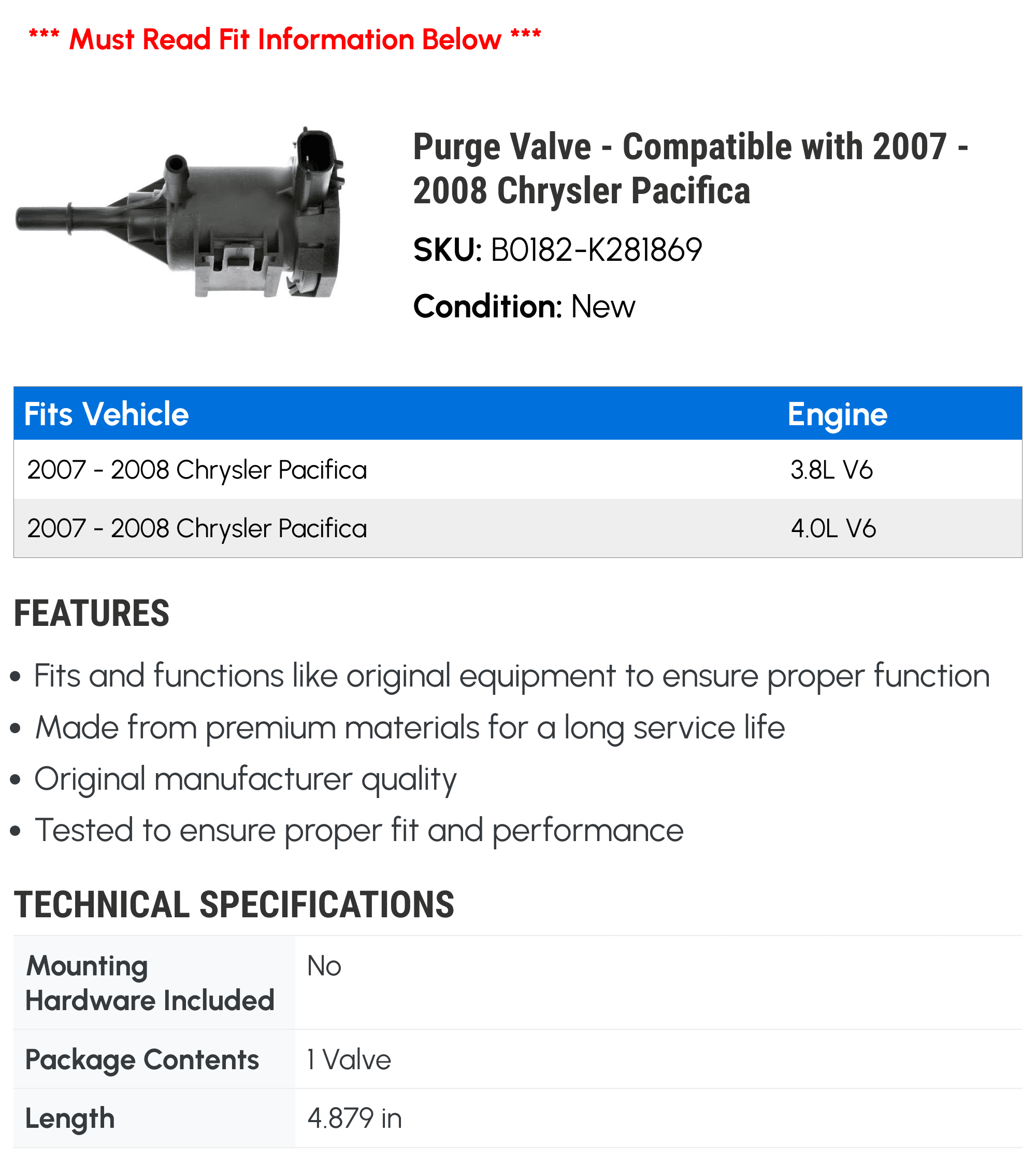 Purge Valve - Compatible with 2007 - 2008 Chrysler Pacifica