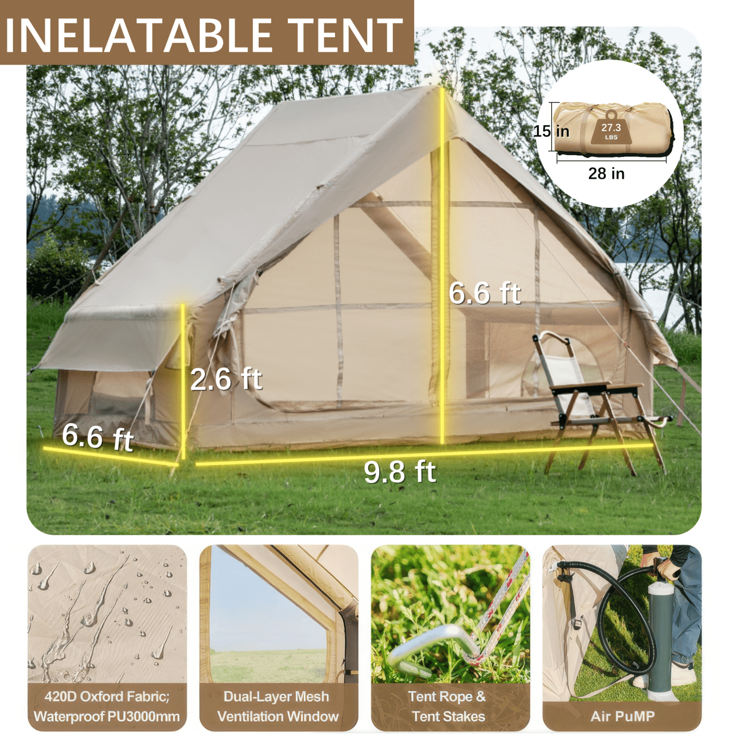 Inflatable Tent with Pump, 4-6 Person Instant Glamping Camping Tents House, Easy Setup Blow Up Family Tents for 4 Seasons, Waterproof Inflatable Tent for Camping with 12 Mesh Windows, khaki