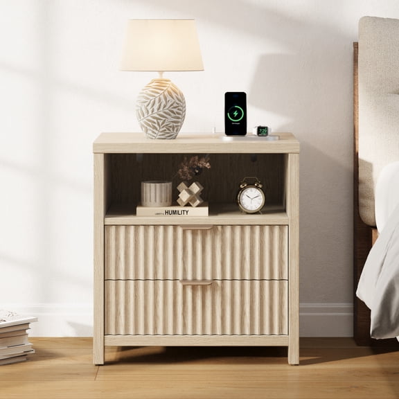 Satifur Modern Fluted Nightstand with Charging Station & 2 Storage Drawer for Bedroom,Light Oak Grain