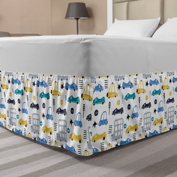 Traffic Bed Skirt, Childish Car with Stops Signs and Street Signs Driver Automobiles Cartoon, Elastic Bedskirt Dust Ruffle Wrap Around for Bedding Decor, 4 Sizes, Multicolor, by Ambesonne