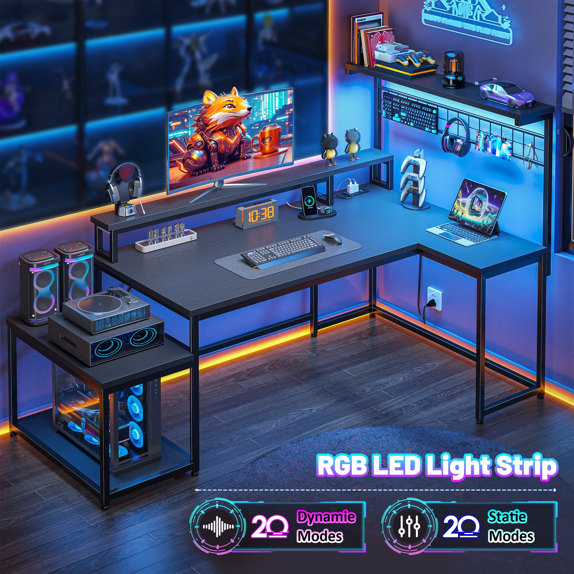 Romorgniz 55.6"W L Shaped Computer Desk with LED Lights & Power Outlets, Gaming Desk with Monitor Stand, Printer Stand & Storage Shelves for Home Office, Black