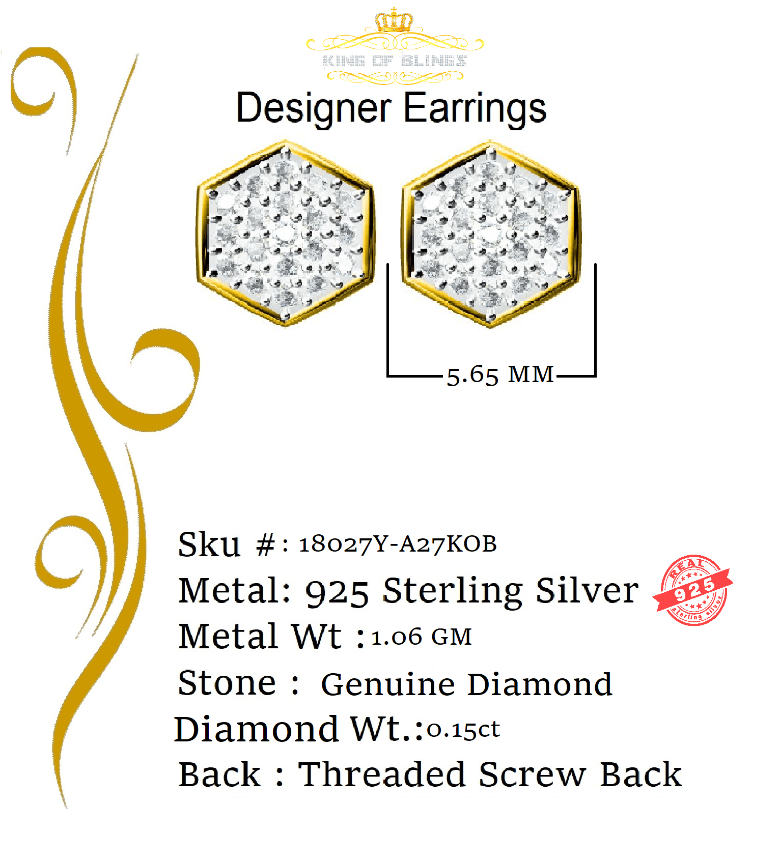 King of Bling's 0.15ct Diamond Stud Hexagon Earrings Yellow 925 Sterling Silver For Men/ Women