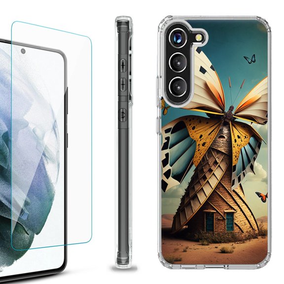 OneToughShield ® for Samsung Galaxy S23  S23 Plus 5G Shockproof Bumper Phone Case, with Tempered Glass Screen Protector - Butterfly Windmills