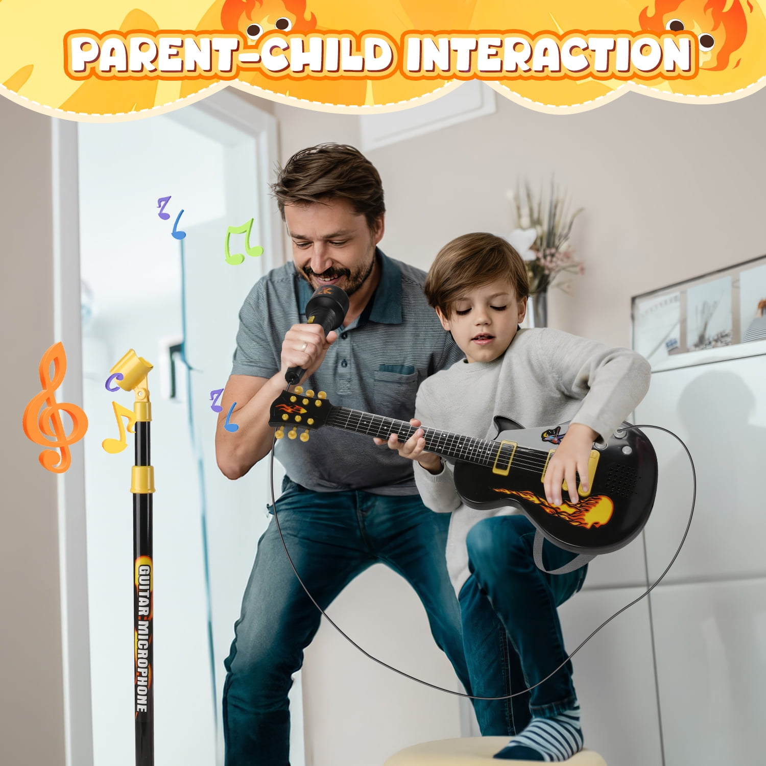 Freecat Toddler Guitar, Cool Black Toy Guitar for Kids Boys Ages 3 4 5 6 Years, with Microphone and Adjustable Stand, Musical Instrument Christmas &Birthday Gift for Boys.