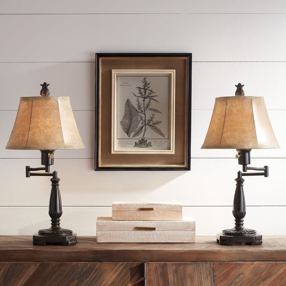Regency Hill Traditional Swing Arm Desk Table Lamps 22.5" High Set of 2 Bronze Faux Leather Shade for Living Room Bedroom Nightstand Office