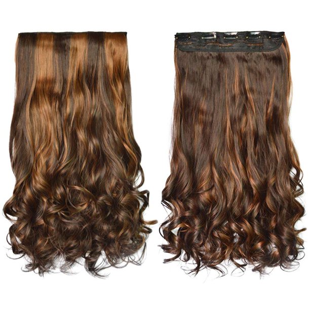 REECHO 20"" 1 paquete 3/4 Clips ondulados de cabeza completa en extensiones de cabello sintético HE008 Postizos para mujeres 5 clips 4.5 oz por pieza - Marrón oscuro con reflejos castaños