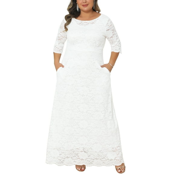 Agnes Orinda Women's Plus Size Easter Flowy Dresses Floral Lace Scoop Neck 3/4 Sleeves Evening Wedding Cocktail Maxi Dress 3X White