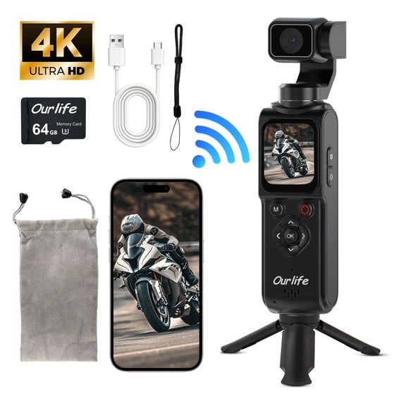 Ourlife Handheld Gimbal WIFI Camera 4K - 64MP Autofocus, 18x Zoom, Touchscreen, Face Tracking, Action Cam Travel Pocket Vlogging Camera with 64GB Card, Gunmetal