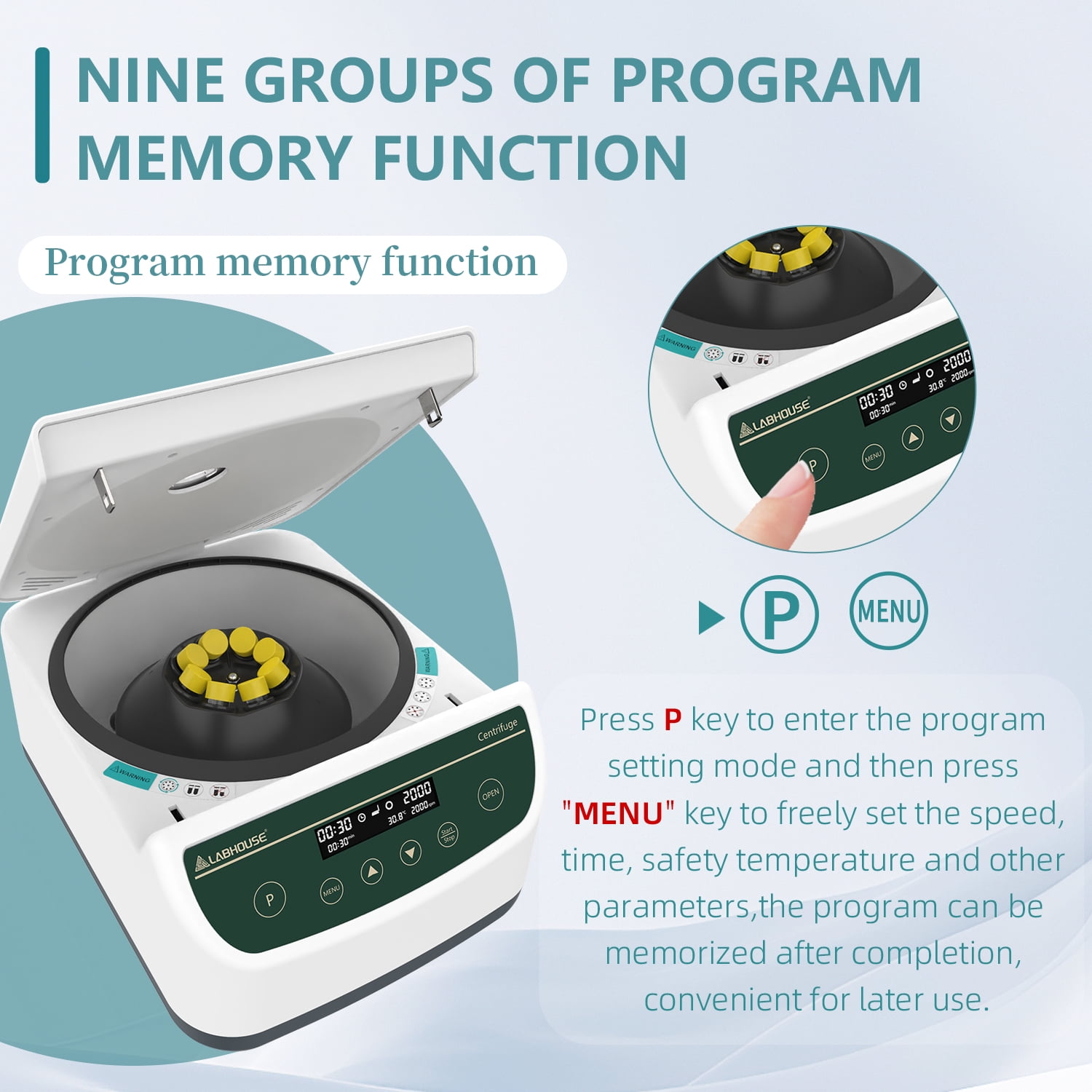 LABHOUSE Centrifuge Machine PRP PRF 2ml-5ml/10ml/15mlx8, Digital Speed 500-4000rpm 1967xg RCF Benchtop Centrifuge with 9-Program Storage & Timer 30sec-99min for Labs Use