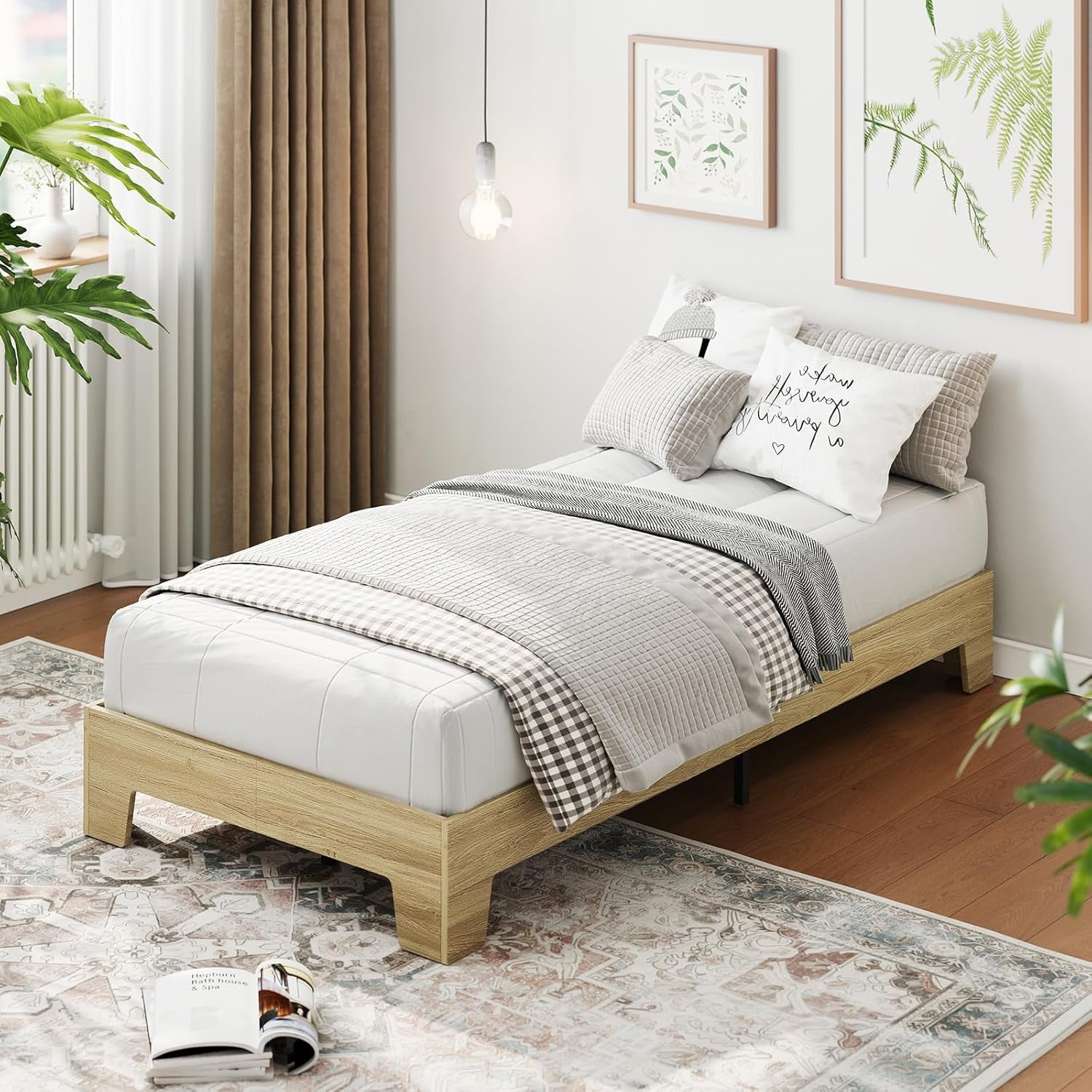 Twin Bed Frame, Wooden Platform Bed Frame, Minimalist Bed with Wood Slats Support, Underbed Space for Storage, No Box Spring Required, Noise-Free, Easy Assembly