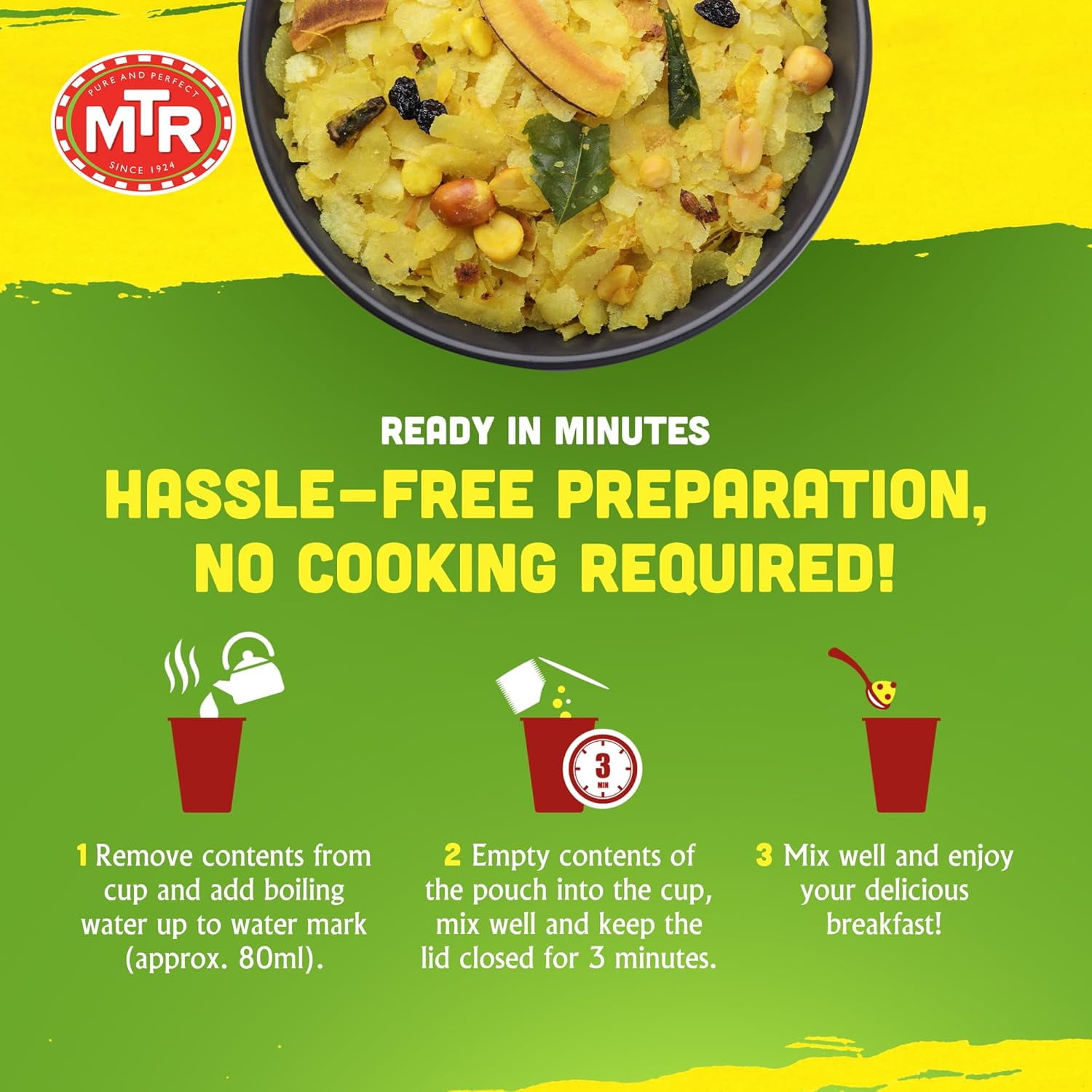 MTR 3 Minute Regular Poha (80g, Pack of 6) – Ready-to-Cook Indian Breakfast Cup, No Preservatives, Just Add Hot Water, Quick Vegetarian Meal in Minutes