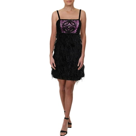 Sue Wong Womens Feathers Beaded Cocktail Dress Black 8