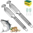 thumbnail image 1 of 2-in-1 Stainless Steel Fish Scaler + Ginger Grater, Multifunction Fish Scale Scraper Remover with Sawtooth Descaler and Hanging Handle, No Mess Tool for Kitchen, Market, Restaurant, Anglers (2PCS), 1 of 8