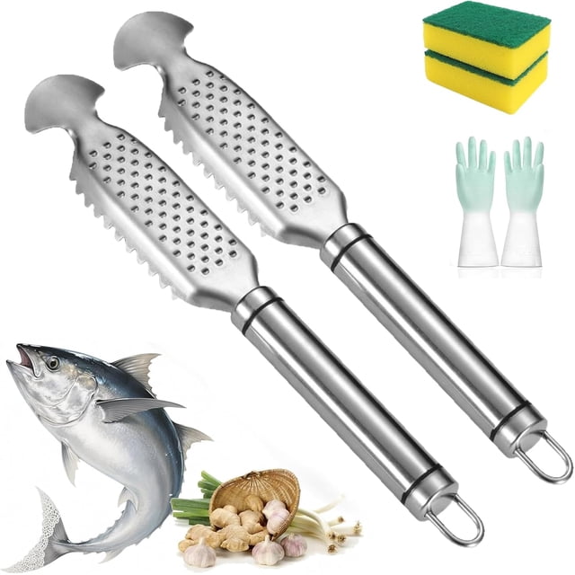 2-in-1 Stainless Steel Fish Scaler + Ginger Grater, Multifunction Fish Scale Scraper Remover with Sawtooth Descaler and Hanging Handle, No Mess Tool for Kitchen, Market, Restaurant, Anglers (2PCS)