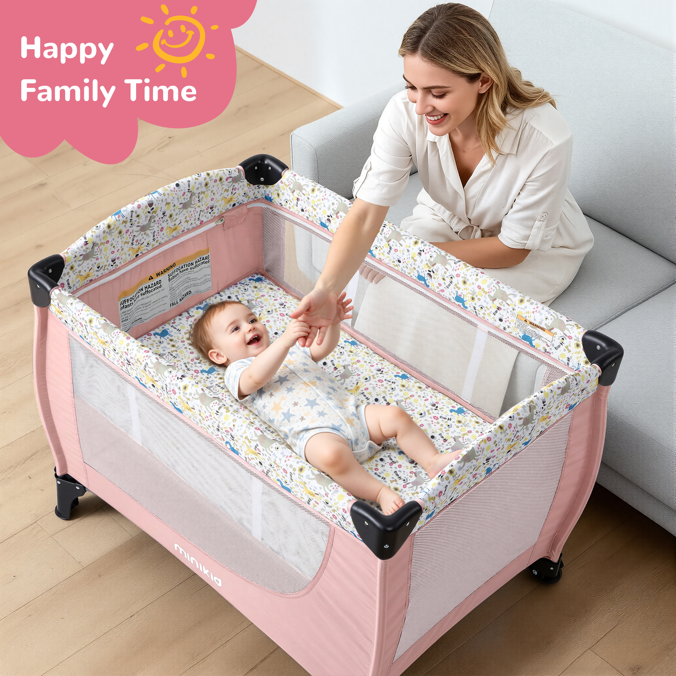 Vipuse Nursery Center Playard with Bassinet, Pink photo 7