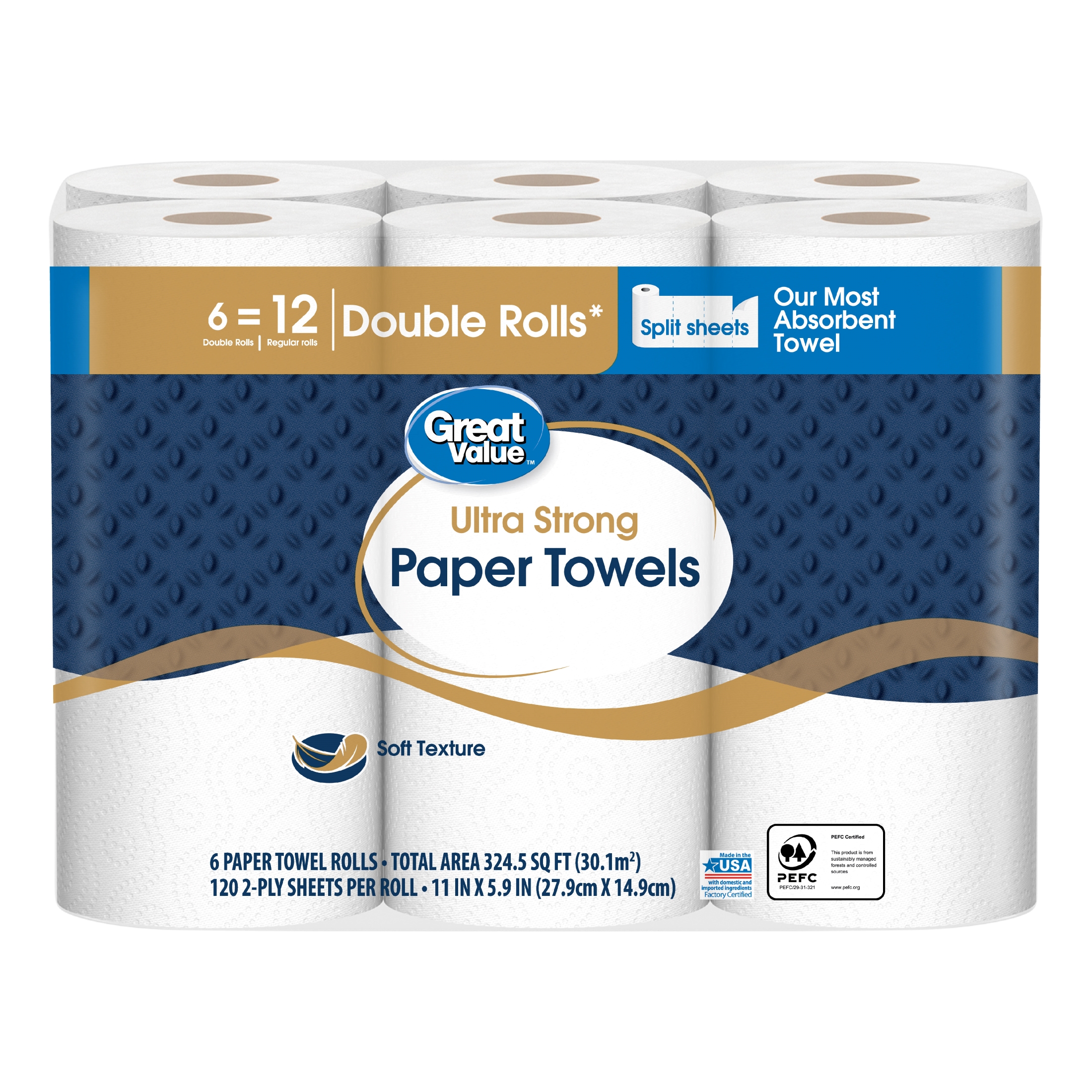 Great Value Ultra Strong Paper Towels, Split Sheets, 6 Double Rolls - image 2 of 9