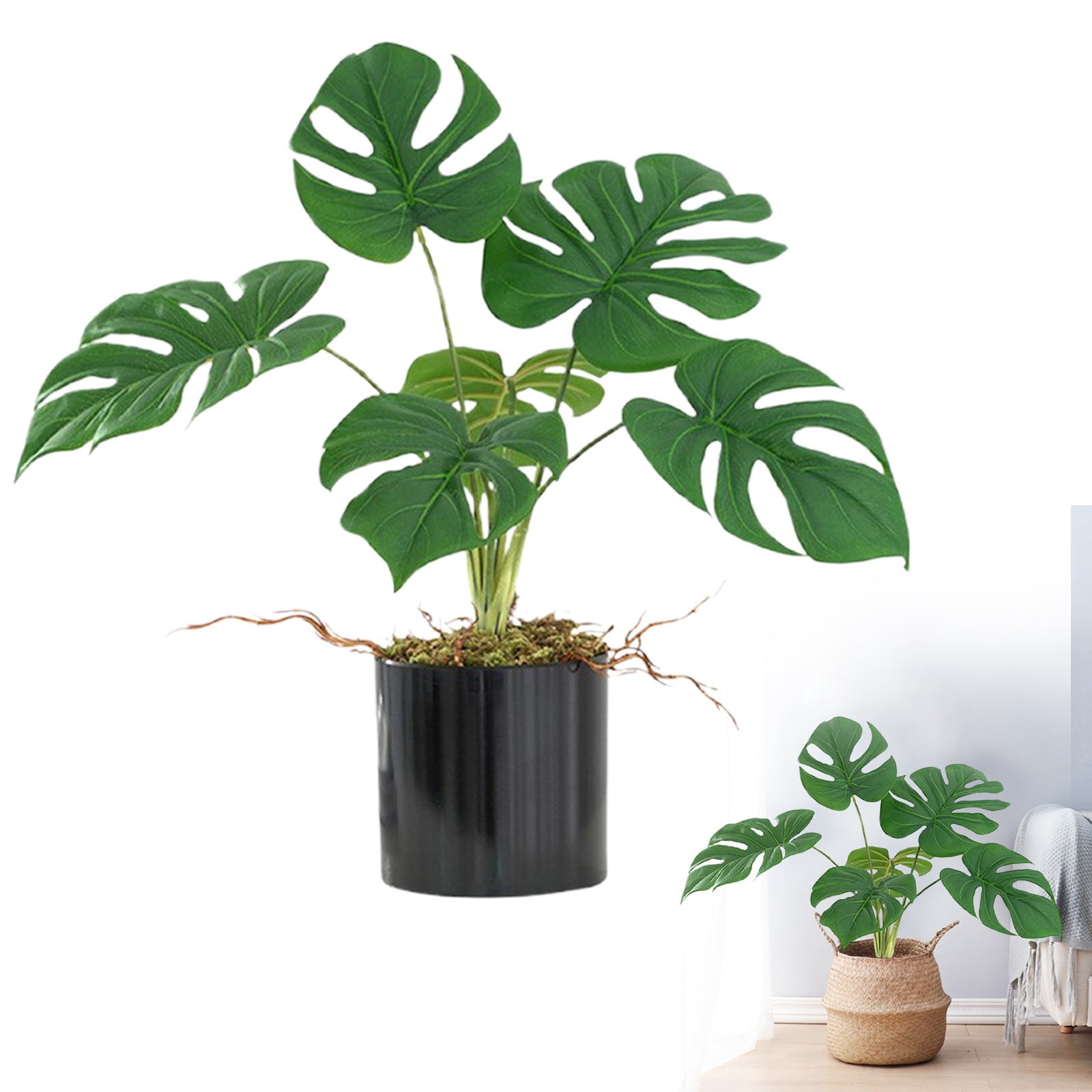 Artificial Monstera Plant with Tree Trunk, 6-Head Realistic Faux Plant, 1 Black Flower Pot, No Maintenance Fake Green Plants for Home Office Indoor Decor, Easy Assembly
