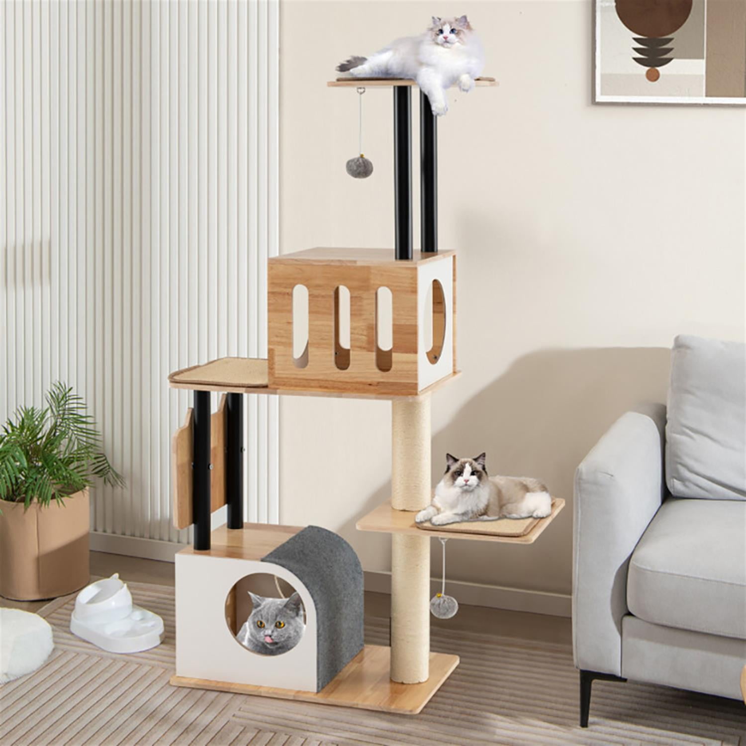 Kadyn 56" Modern Cat Tree with Toy, Cat Tower Condo for Indoor Cats with 2 Condos, Sisal Scratching Posts and Carpets, Beige
