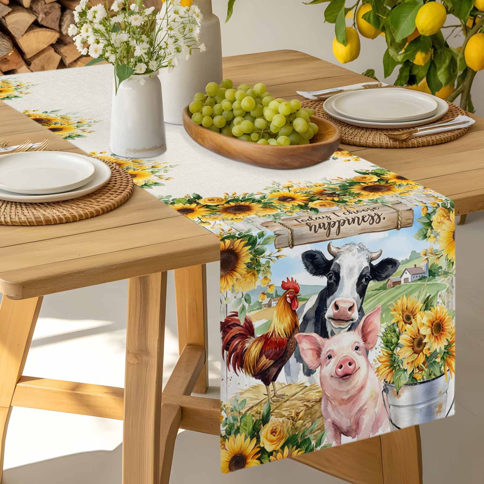 Kitchen Table Runner 90 Inches Long, Farm Cow Rooster Pig Sunflower Cotton Linen Table Runners for Dining Tables Home Holiday Party Wedding, Rustic Animals Wood Barn Tabletop Scarf