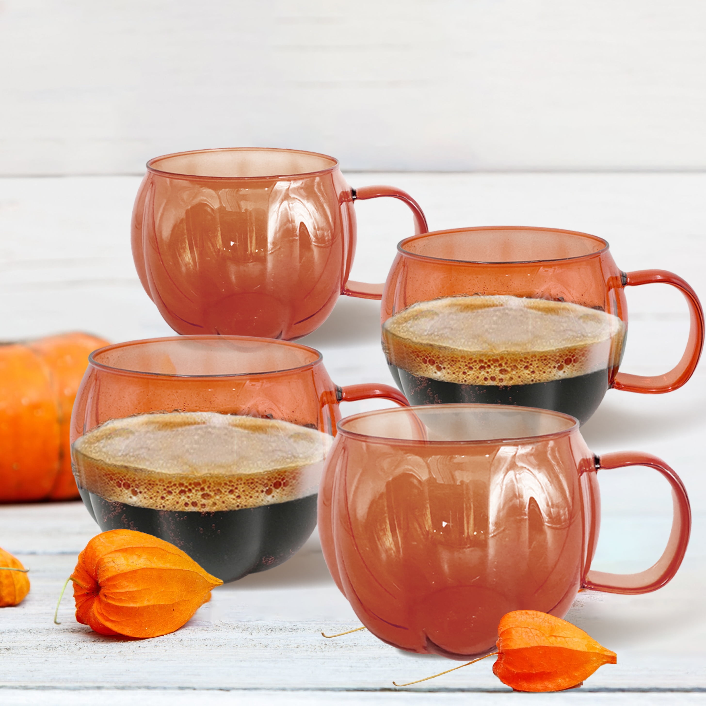 Way To Celebrate Orange Glass Pumpkin Mug 4 Pack Drinkware Sets