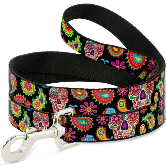 Thaneeya McArdle Pet Leash, Dog Leash, Bobo Sugar Skull Paisley Black Multi Color, 6 Feet Long 0.5 Inch Wide