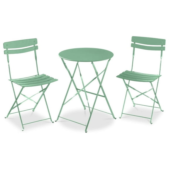 3-Piece Bistro Set, Space Saving Folding Design, Solid Steel, Outdoor Patio Furniture Set w/ 2 Chairs, Bistro Table - Sage