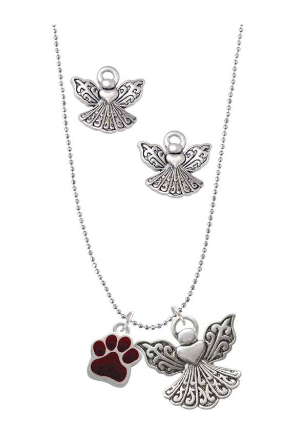Silvertone Small Maroon Paw Silver tone Guardian Angel Charm Necklace and Stud Earrings