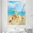 thumbnail image 1 of Seashells Tapestry, Summer Beach Theme and Sand with Rays in the Sky Clouds Seaside Marine, Wall Hanging for Bedroom Living Room Dorm Decor, 60W X 80L Inches, Aqua Ivory Mustard, by Ambesonne, 1 of 2
