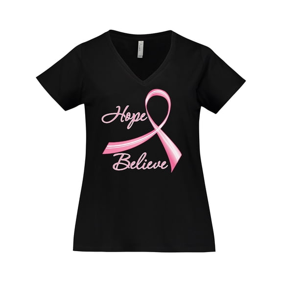 Inktastic Hope Believe Breast Cancer Ribbon Women's Plus Size V-Neck T-Shirt