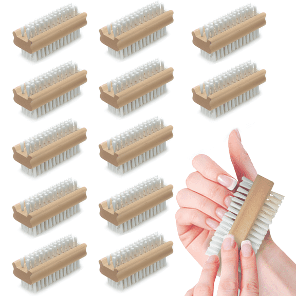 LOLA Hand & Nail Cleaning Brush, Dual-Sided Bristle - Soft & Stiff W/ Solid Wood Block, Box of 12