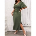 thumbnail image 6 of Plus Size Womens Army Green Solid V-Neck Wrap Short Sleeve Midi Dress, 6 of 6
