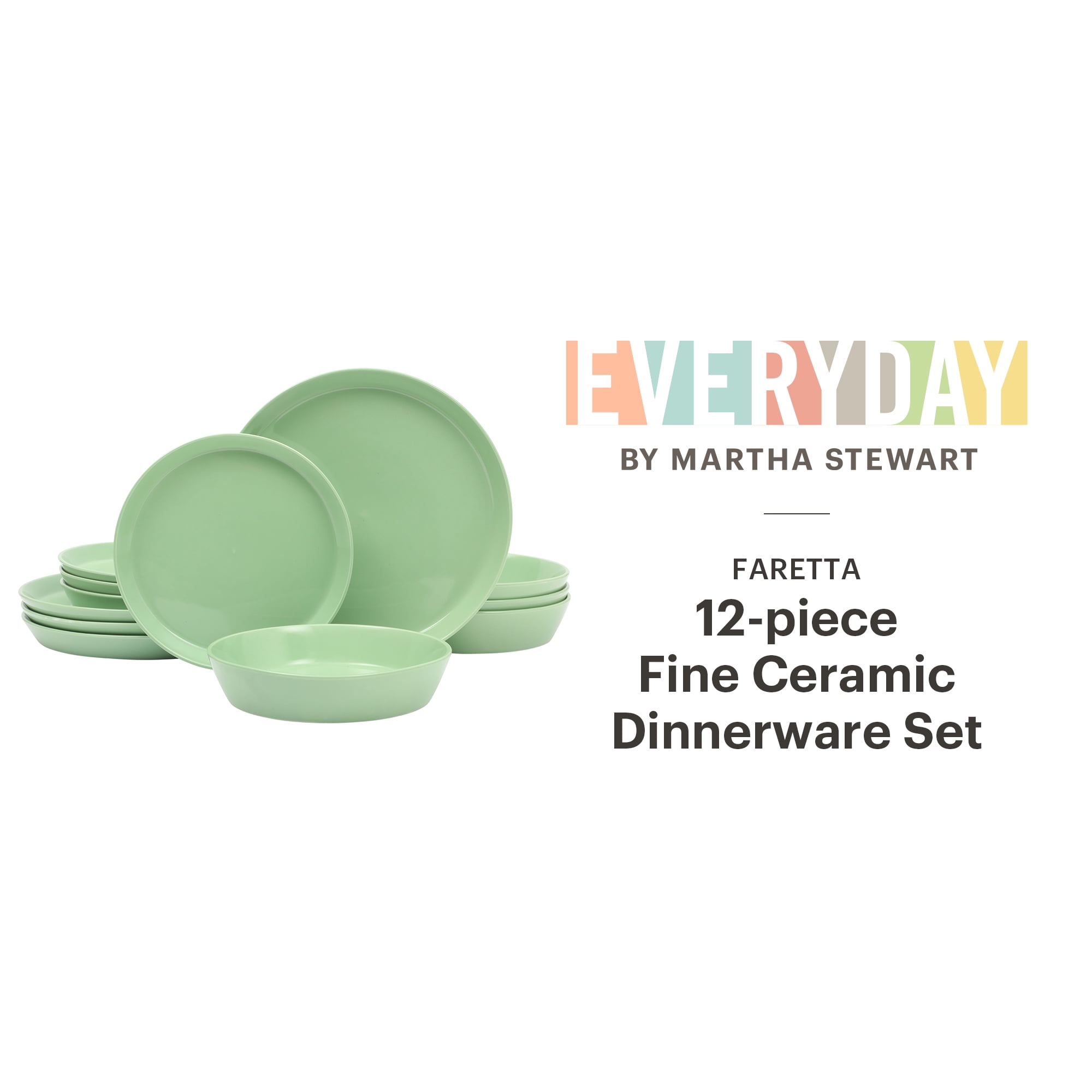 Martha Stewart Everyday Faretta Green 12-Piece Fine Ceramic Dinnerware Set