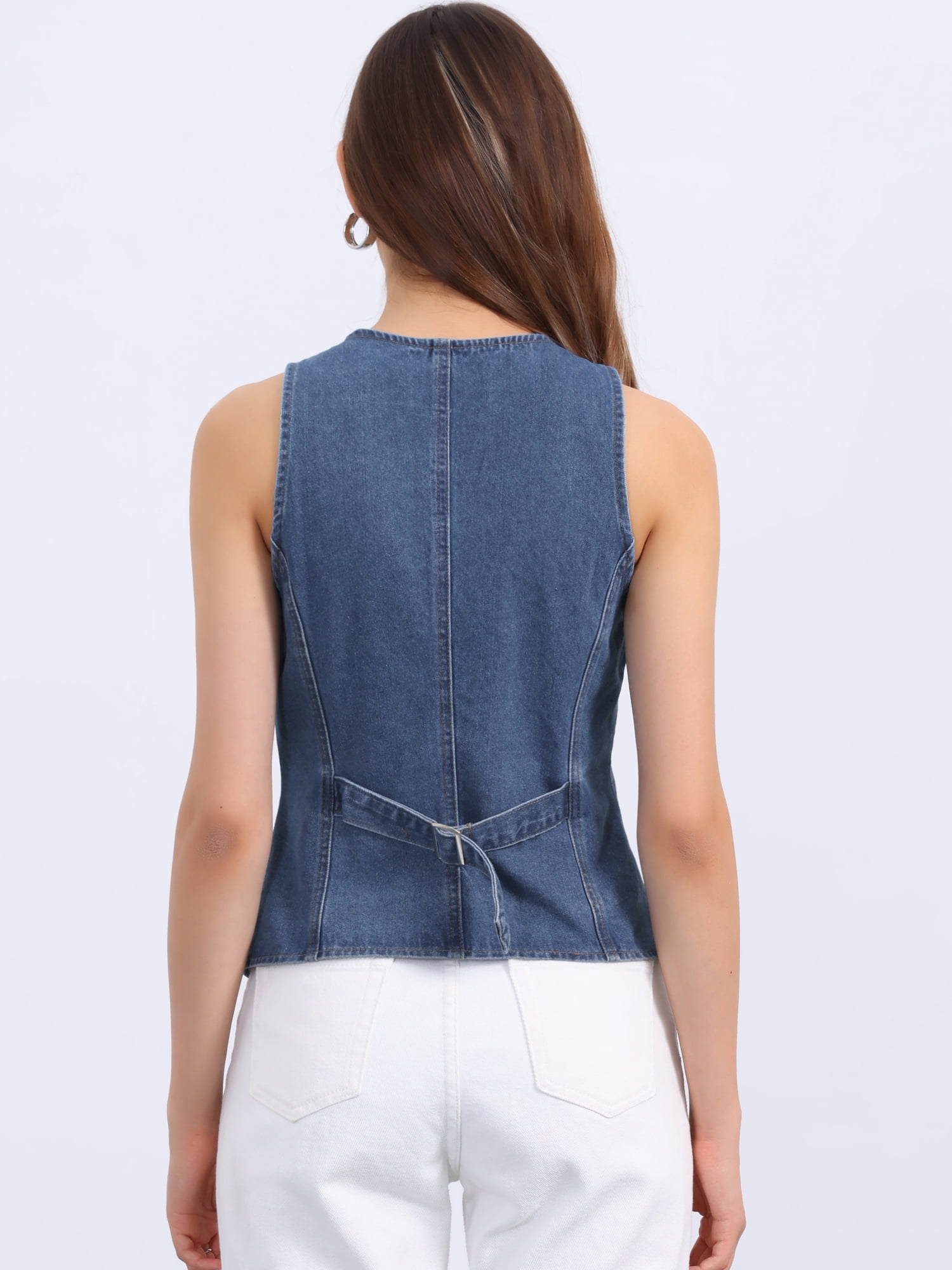 DARING DIVA Womens Denim Vest V Neck Button Down Jean Waistcoat Jacket XS Pale Blue