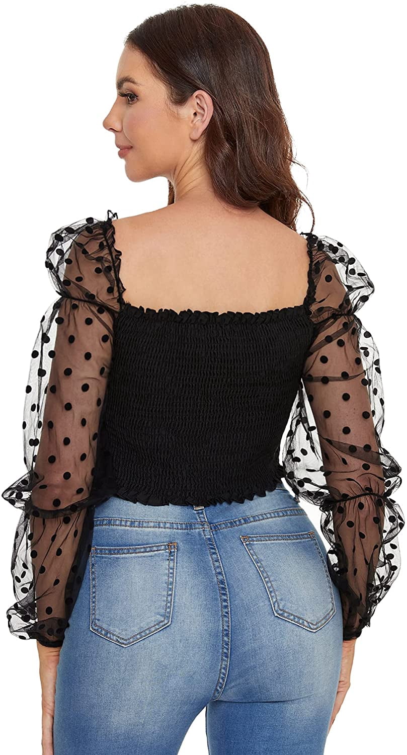 Women's Contrast Dobby Mesh Puff Sleeve 
